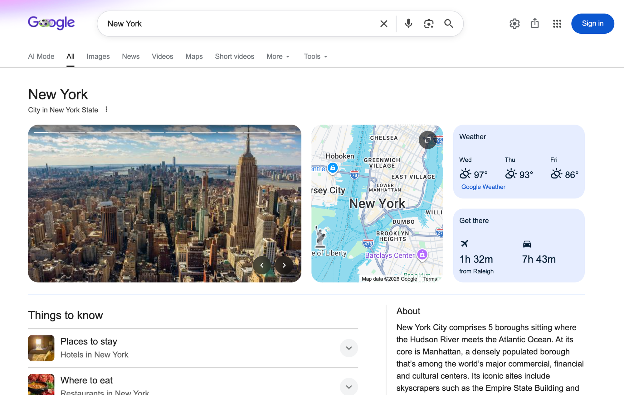 Google search results for New York City.