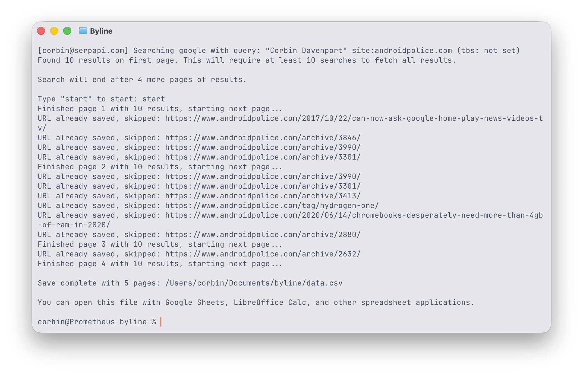 Byline running in a Terminal application