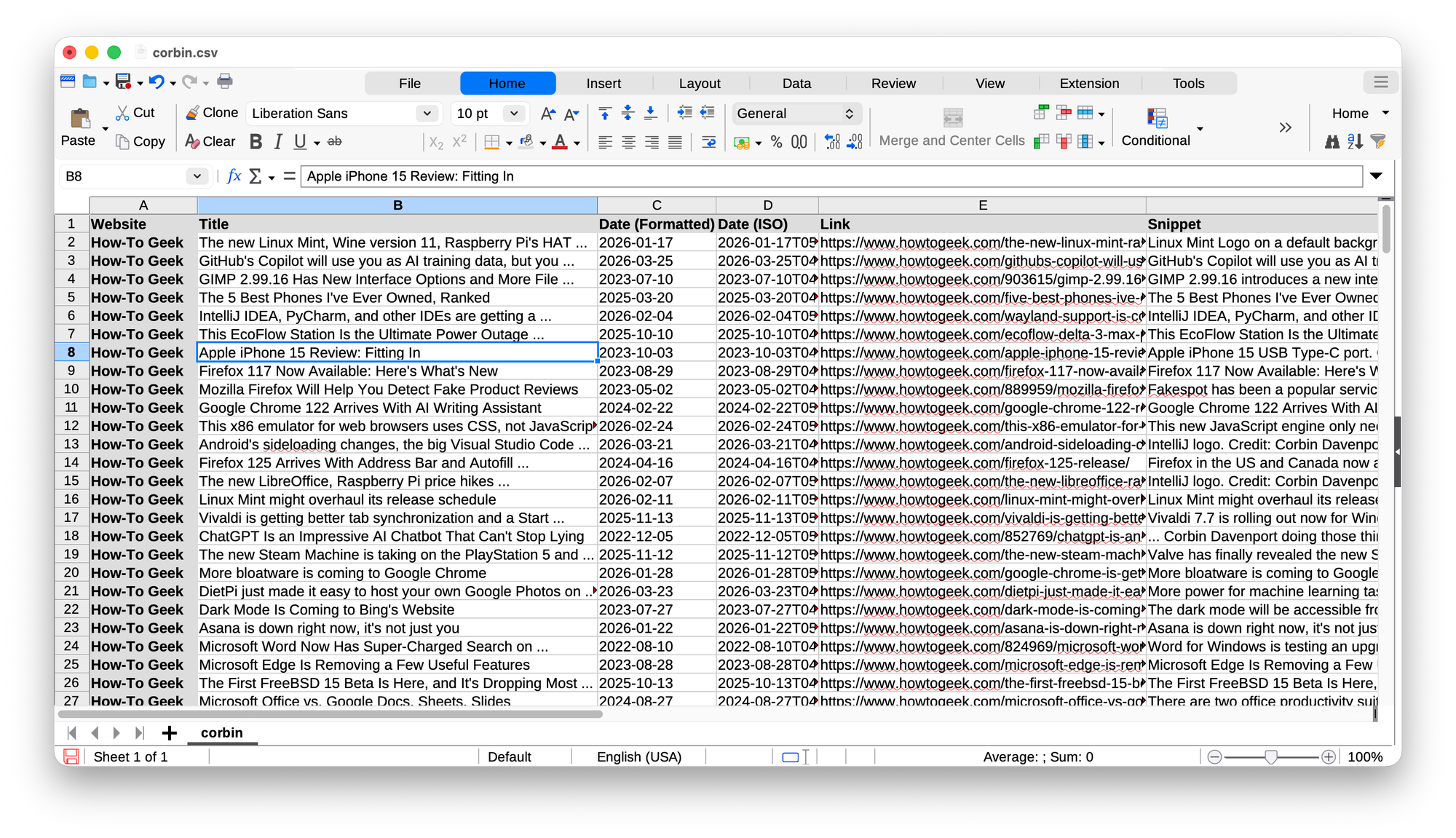 A spreadsheet open with columns for the website, title, date, URL link, and text snippet.
