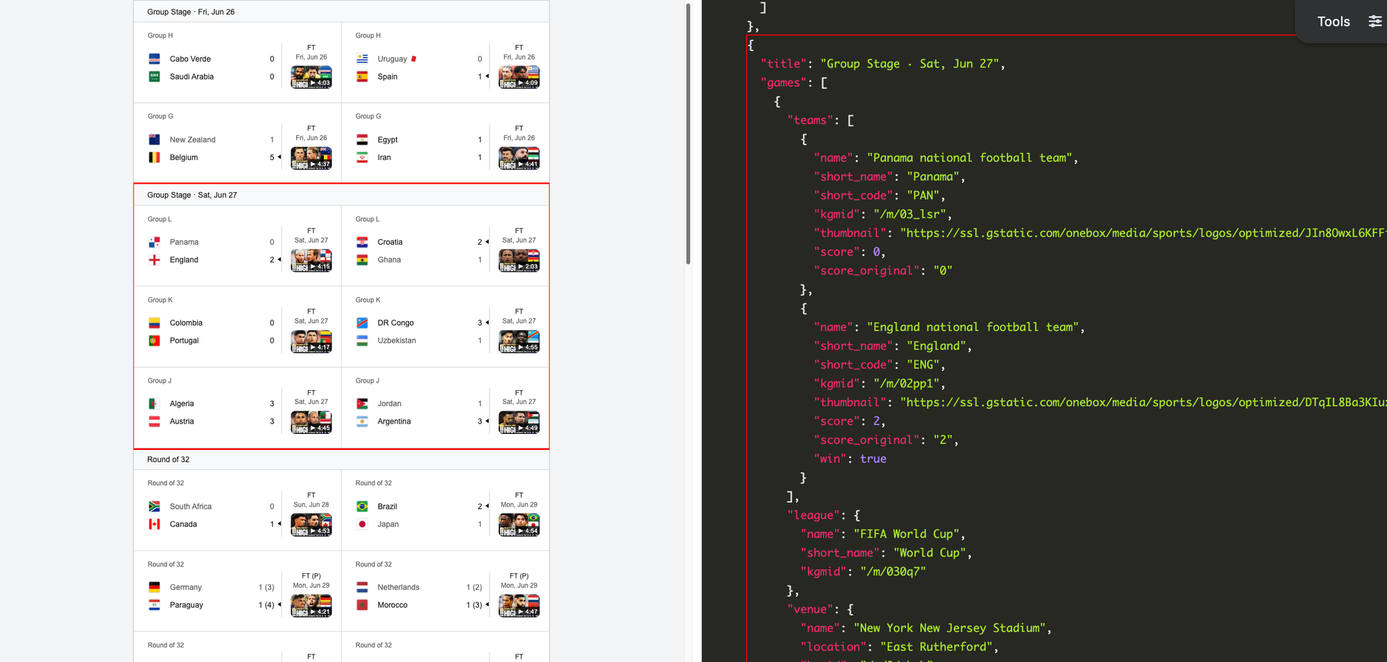Screenshot of group stages in the World Cup, next to the JSON data.