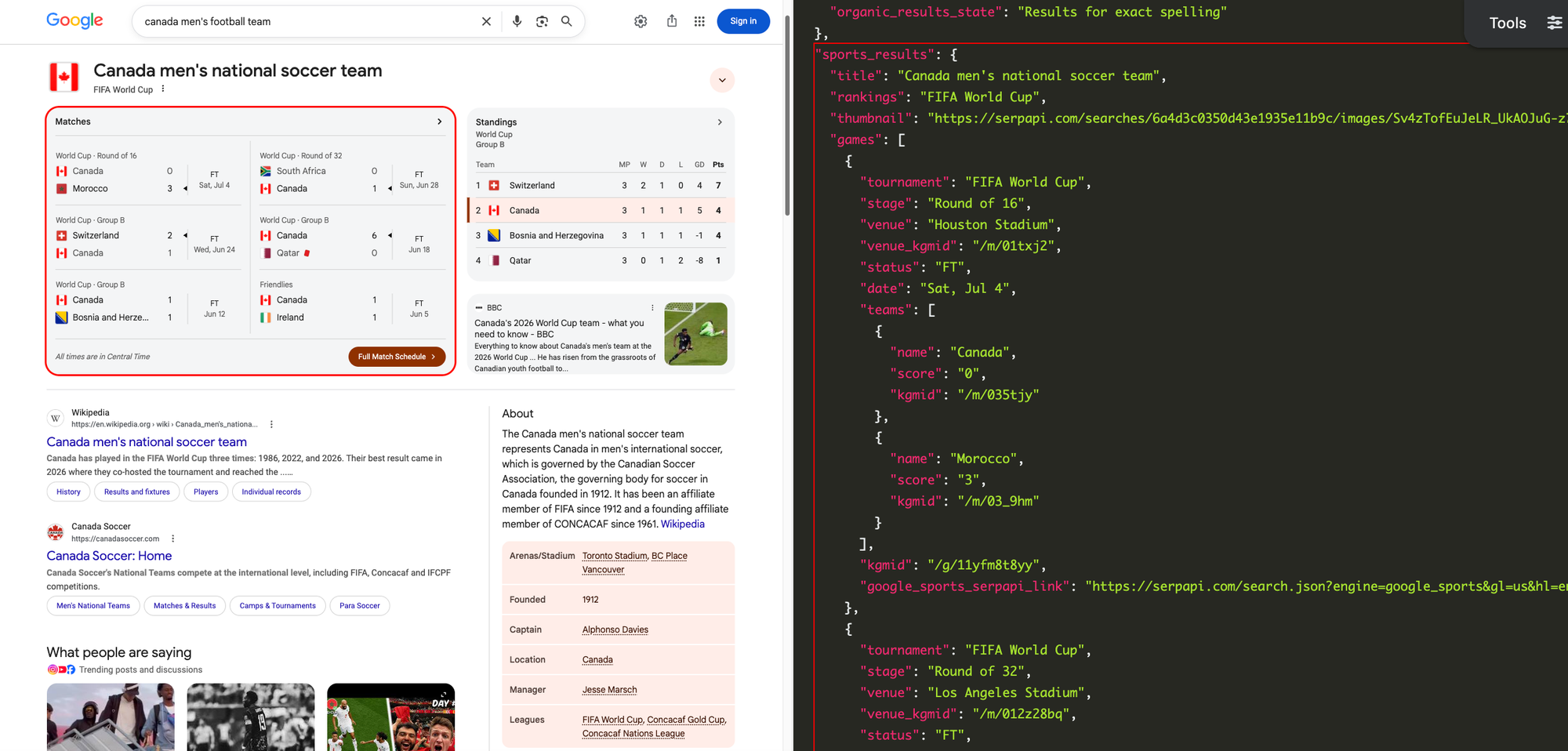 Google search results for the Canada men's national soccer team, next to the JSON results.