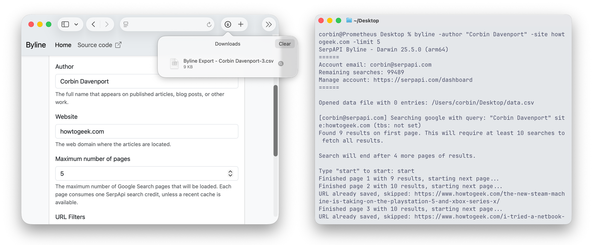 Byline running in a web browser and macOS terminal window