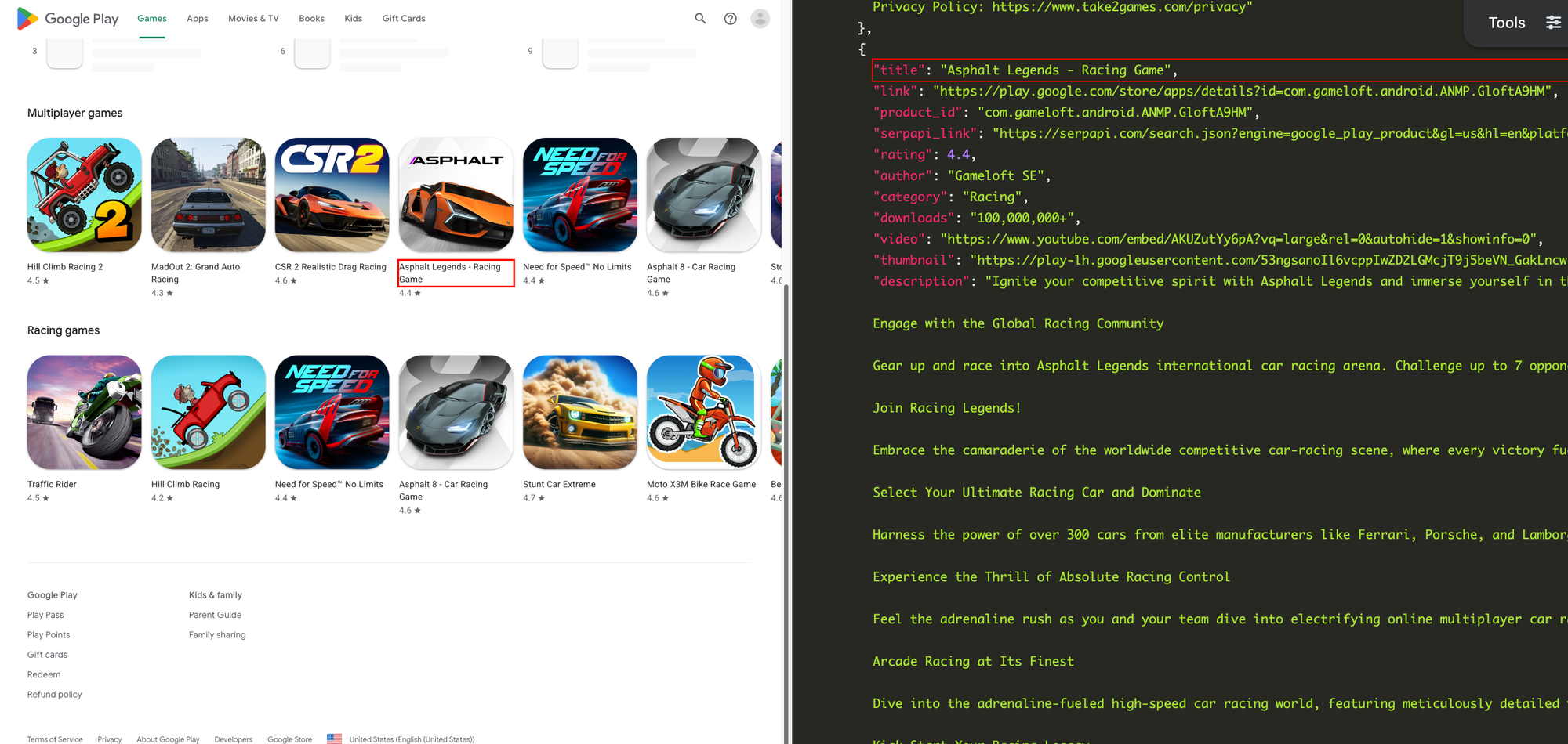 A screenshot of racing games next to the JSON results.