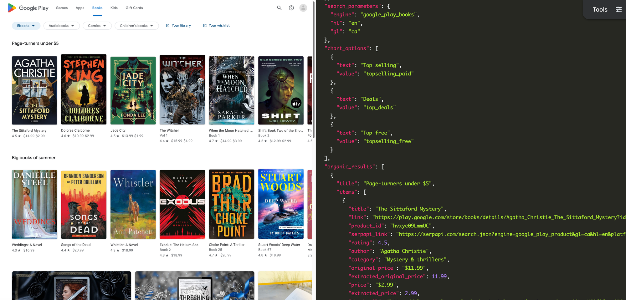 The Google Play Books homepage in Canada, next to the parson JSON results.