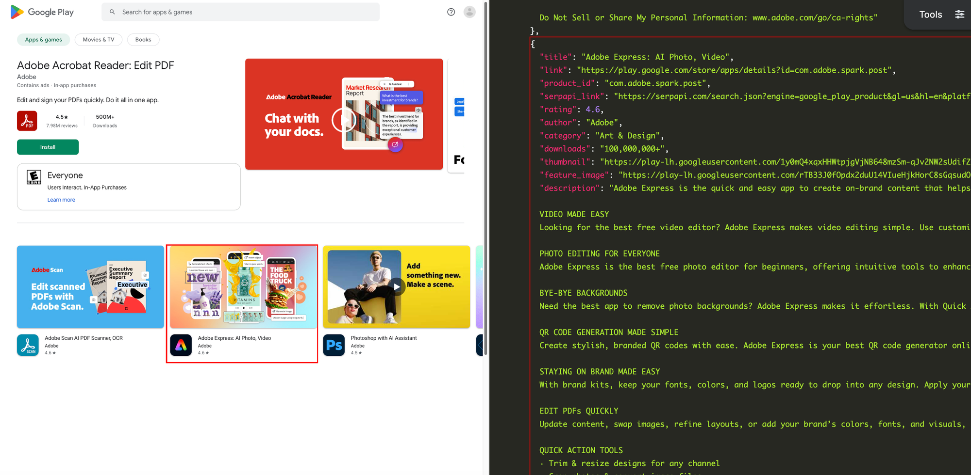 A search on the Play Store for "Adobe", with the original page next to the parsed JSON.