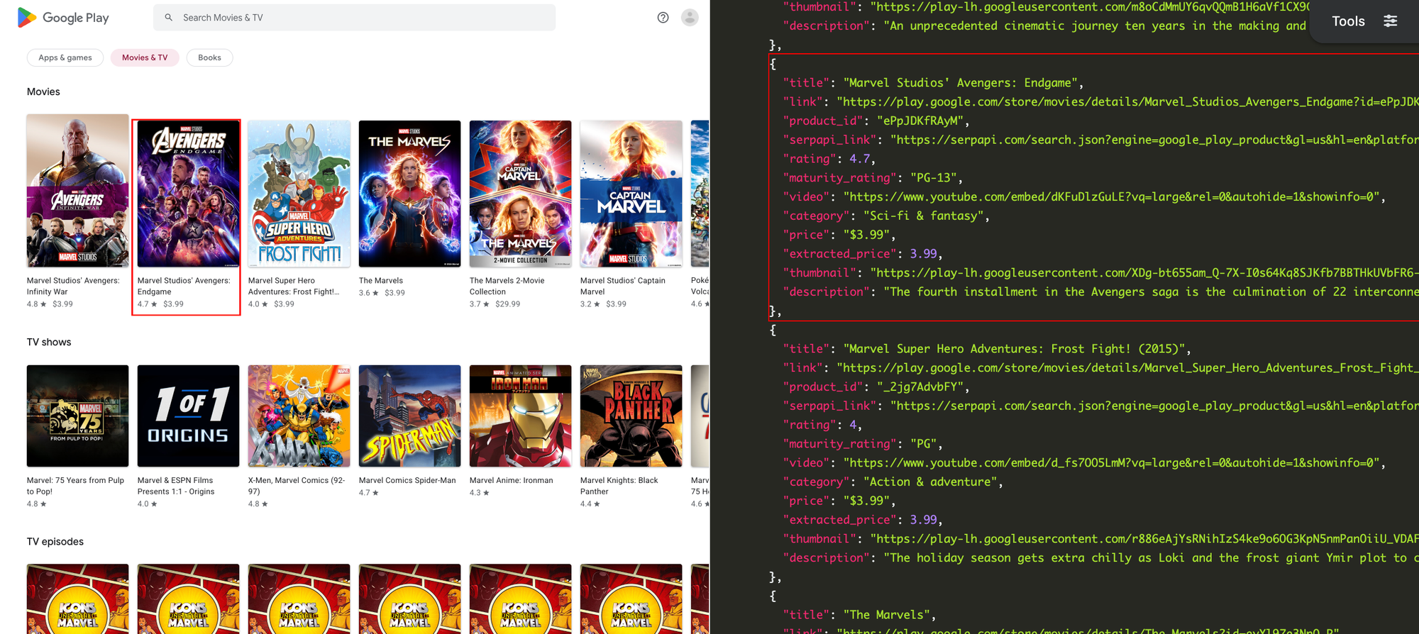 A search for "marvel" in the Movies and TV section of Google Play.