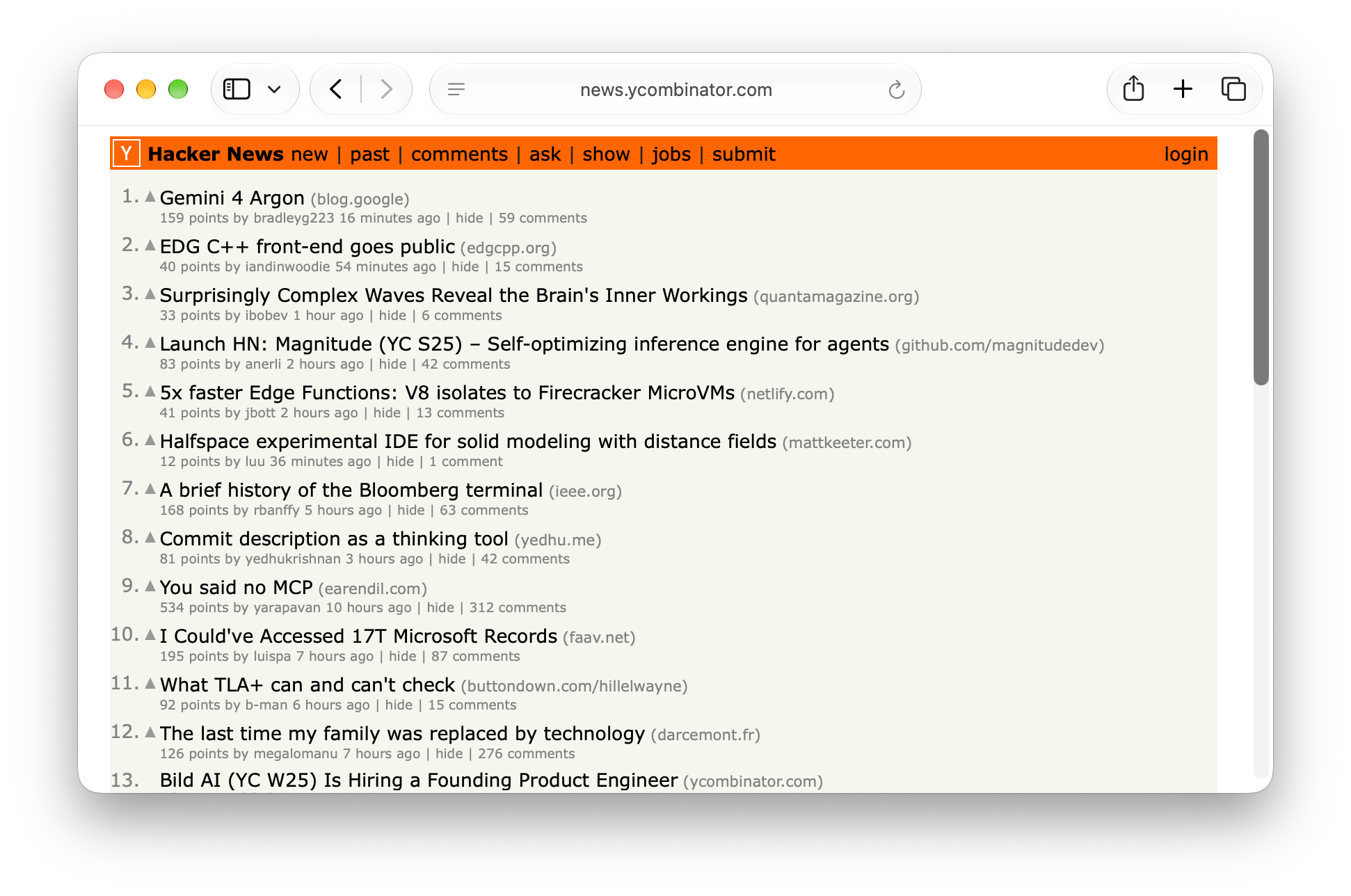 The Hacker News home page in a web browser.