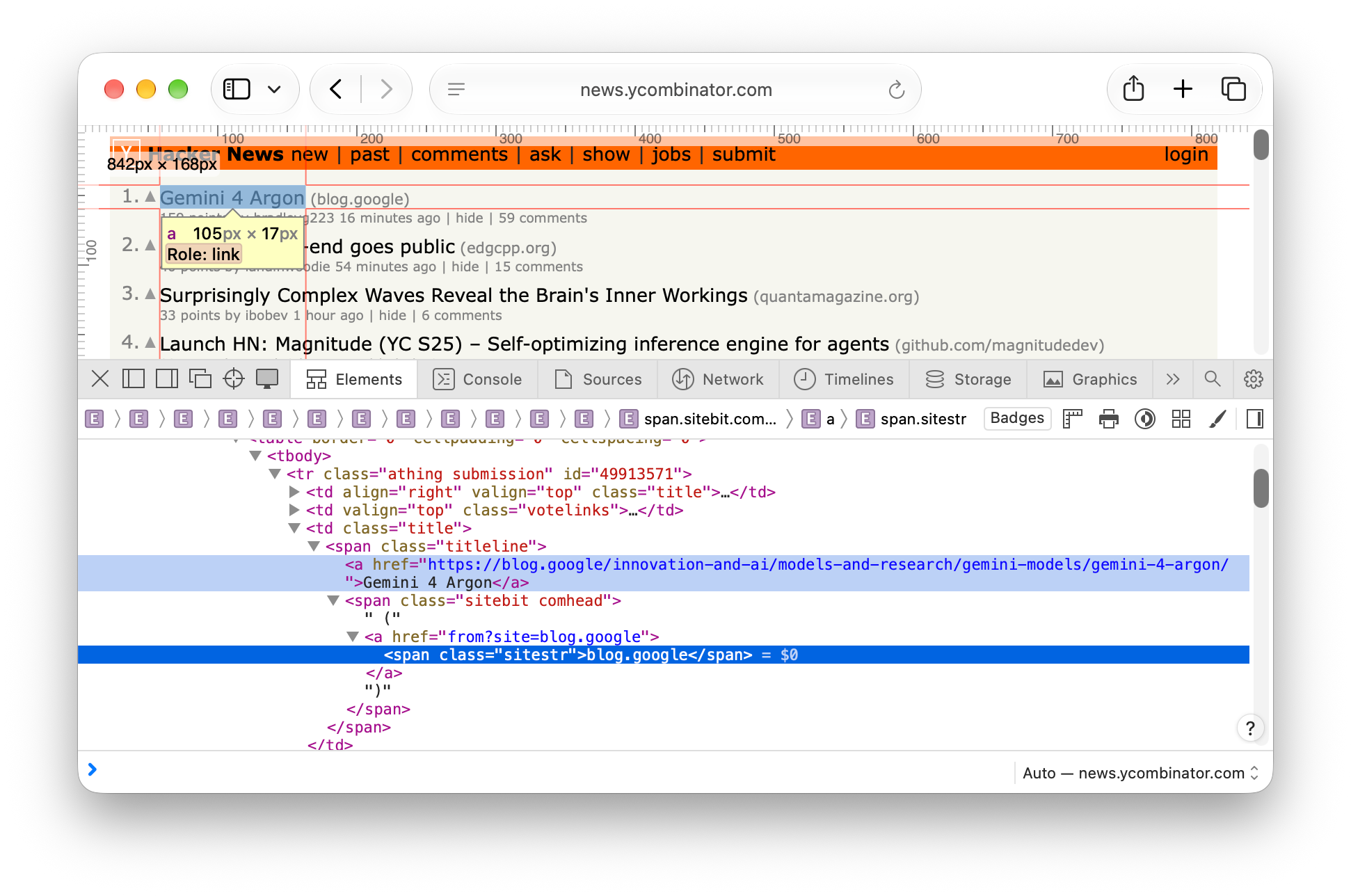 The Elements view in Safari, showing the page structure.