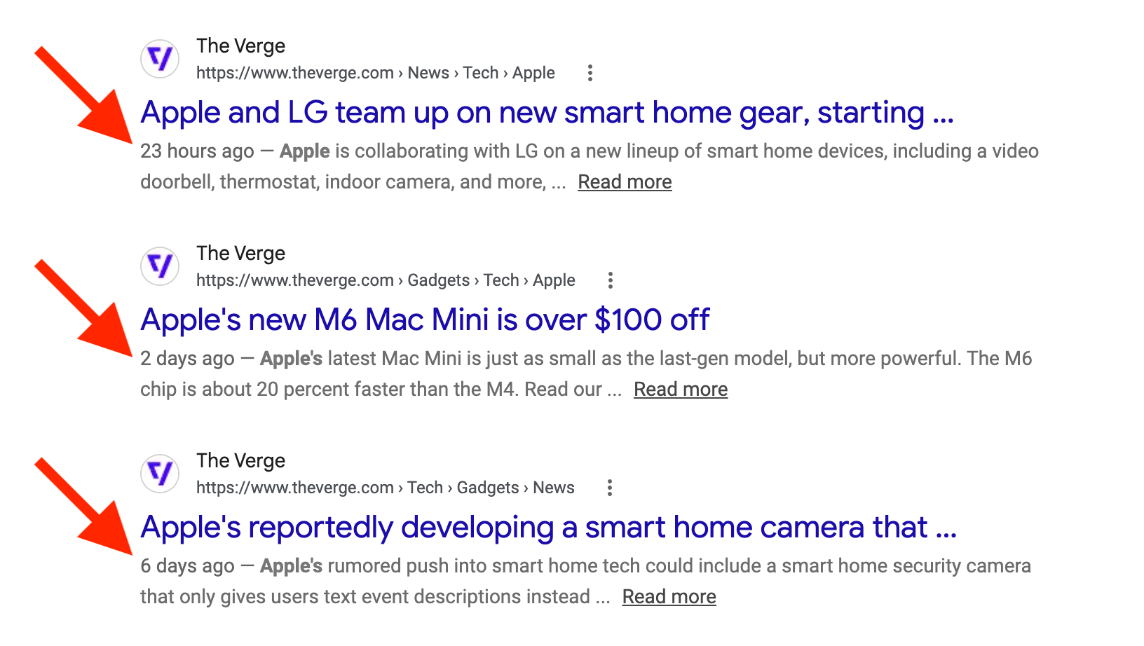 Dates next to various articles from The Verge