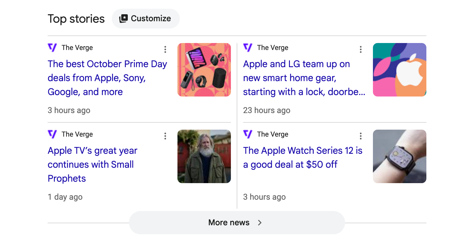 Top stories about Apple from The Verge, showing dates like "3 hours ago" and "1 day ago"
