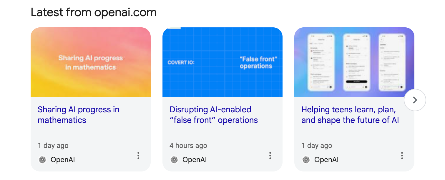 Google results for "Latest from openai.com" with a grid of blog posts.