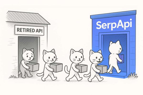 Cats moving boxes from a building with the sign "Retired API" above it to a building with the sign "SerpApi" above it.