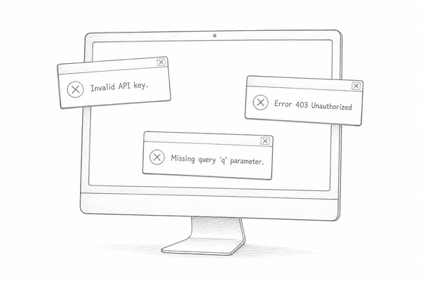 A computer with errors for missing queries, authorization, and invalid API keys.