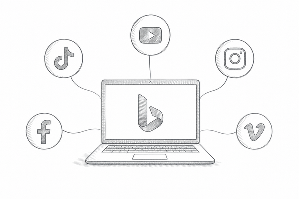 Bing on a laptop, surrounded by images for Facebook, TIkTo, YouTube, Instagram, and Vimeo.