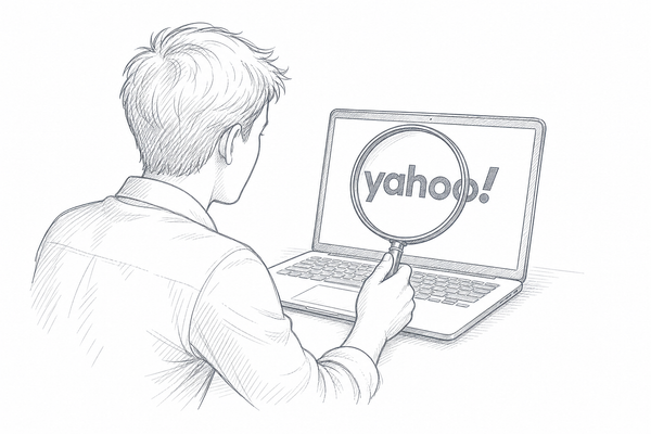 A person holding a magnifying glass up to the Yahoo logo.