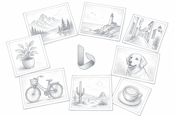 Several photos scatted around a Bing logo.