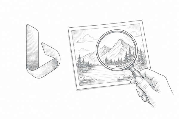 Holding a magnifying glass over a picture, with the Bing logo.