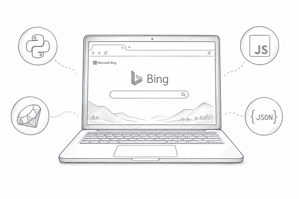Bing on a laptop, surrounded by icons for Ruby, Python, JavaScript, and JSON.