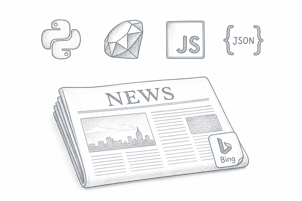 A newspaper with icons for Ruby, Python, JavaScript, and JSON.