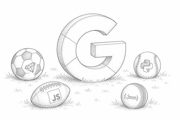 The Google logo next to a football with the Ruby logo, an American football with the JavaScript logo, a baseball with the Python logo, and a cricket ball with a JSON icon.