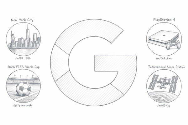 The Google logo surrounded by New York City, the 2026 FIFA World Cup, a PlayStation 4, and the International Space Station, each with their respective IDs.