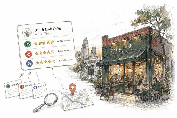 A sketch of review cards next to a local Austin cafe.