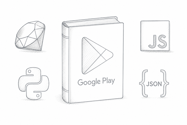 The Google Play logo on a book, surrounded by icons for Ruby, Python, JavaScript, and JSON.