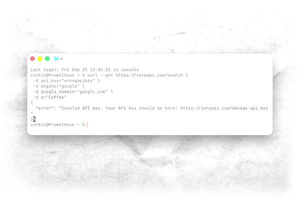 An Invalid API key error in a Terminal window.