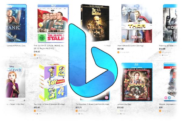 The Bing logo on top of shopping results for movies.