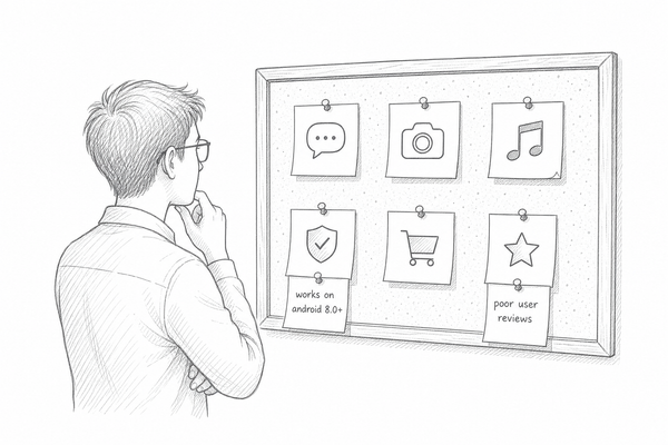 A person looking at a cork board with app icons, with some icons having notes attached.