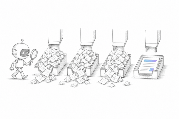 Robot with a magnifying glass inspecting four in-trays, three overflowing with crumpled pages and one with a neat page