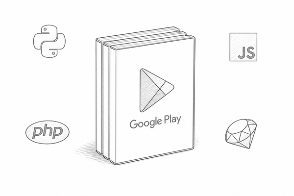 The Google Play logo on a stack of movies, surrounded by icons for Python, JavaScript, Ruby, and PHP.
