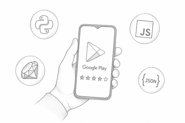 A rating on the Google Play Store on a phone, surrounded by icons for Python, Ruby, JavaScript, and JSON.