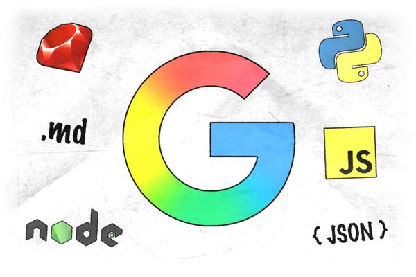 The Google logo surrounded by icons for Ruby, JavaScript, JSON, and other languages.