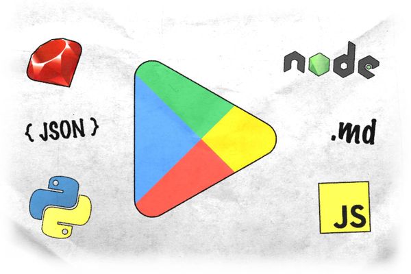 The Google Play Store logo surrounded by icons for JSON, Markdown, Ruby, Python, JavaScript, and Node.js.