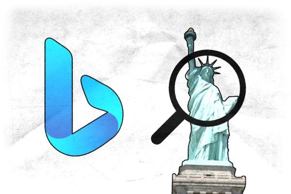 The Statue of Liberty with a magnifying glass over it, next to the Bing logo.