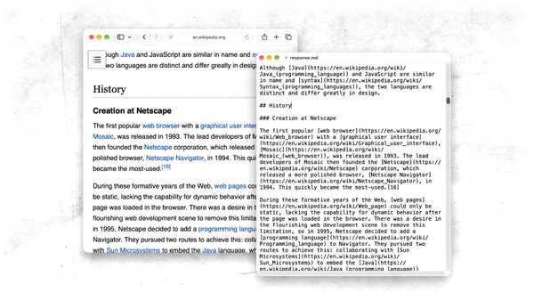 The Wikipedia article for JavaScript, in the original web page and the converted Markdown format