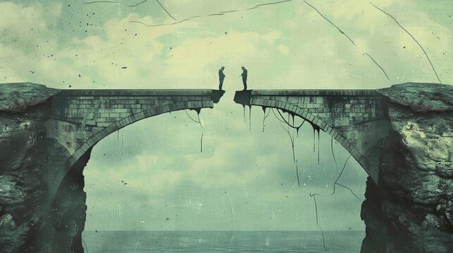 Two people face each other across a gap in a broken stone bridge.
