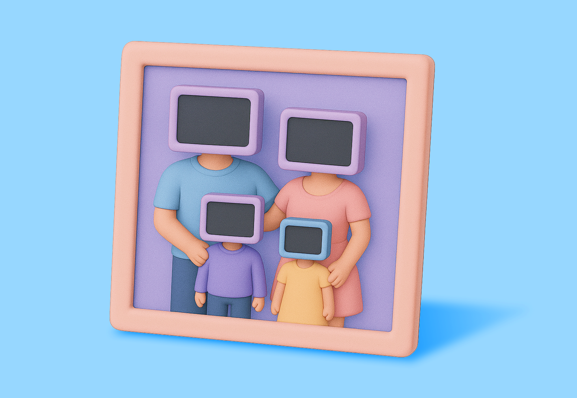 A family portrait with screens for heads