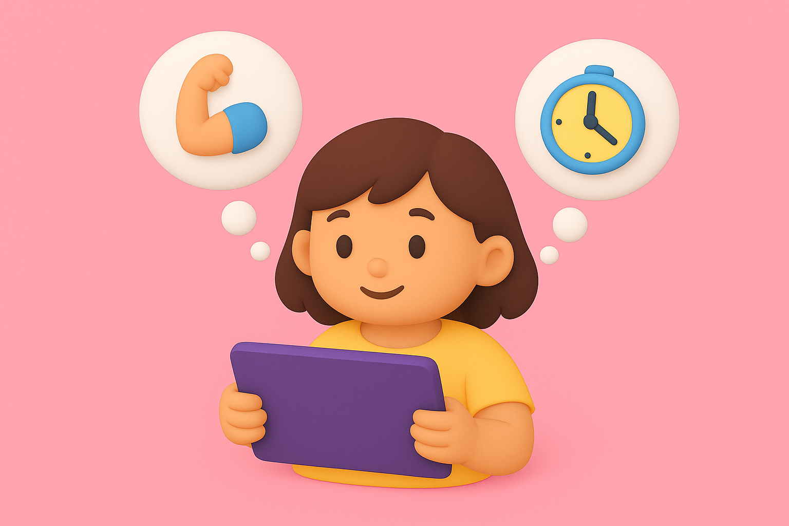 Illustration of a child holding a tablet while thinking about strength and a clock, symbolizing healthy screen time habits, self-awareness, and recognizing when it’s time to take a break.