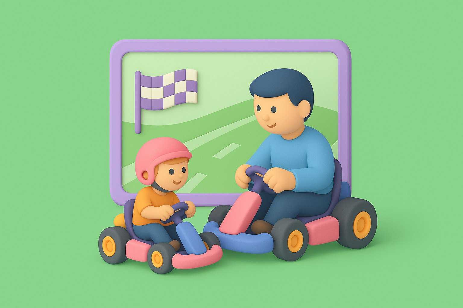 Illustration of a child and adult playing a kart racing game together, emphasizing shared screen time and how interactive play supports connection and learning.