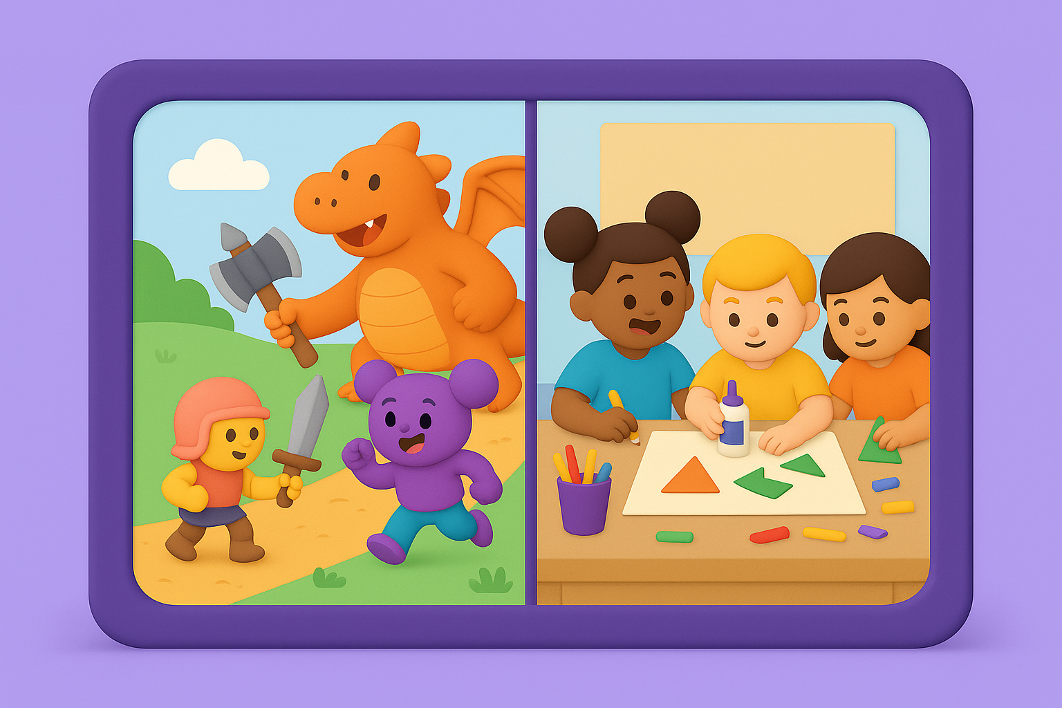 Split-screen illustration showing kids collaborating in a fantasy game world on one side and in a classroom on the other, highlighting how digital play builds real-life skills like communication and teamwork.