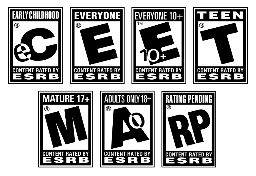 ESRB game rating icons for Early Childhood, Everyone, Everyone 10+, Teen, Mature 17+, Adults Only 18+, and Rating Pending, used to help evaluate age-appropriate content for kids.