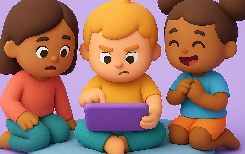 Three kids reacting to a tablet game together, showing a mix of frustration, empathy, and excitement — highlighting how screen time supports emotional and social skill development.