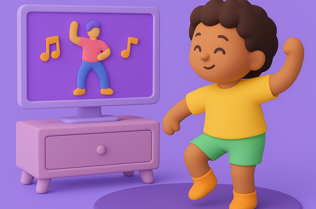 A kid dancing in front of a TV screen showing a dancing character, illustrating active screen time and interactive digital play.