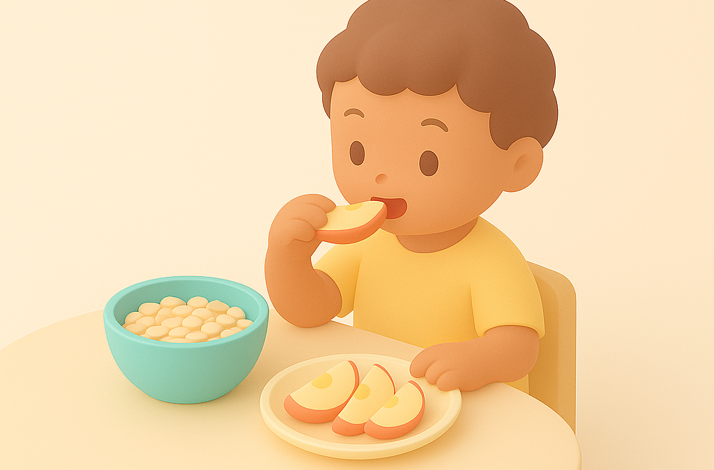 A kid eating sliced apples and a bowl of cereal at the table, modeling how healthy, consistent snacks support internal regulation and sleep readiness.
