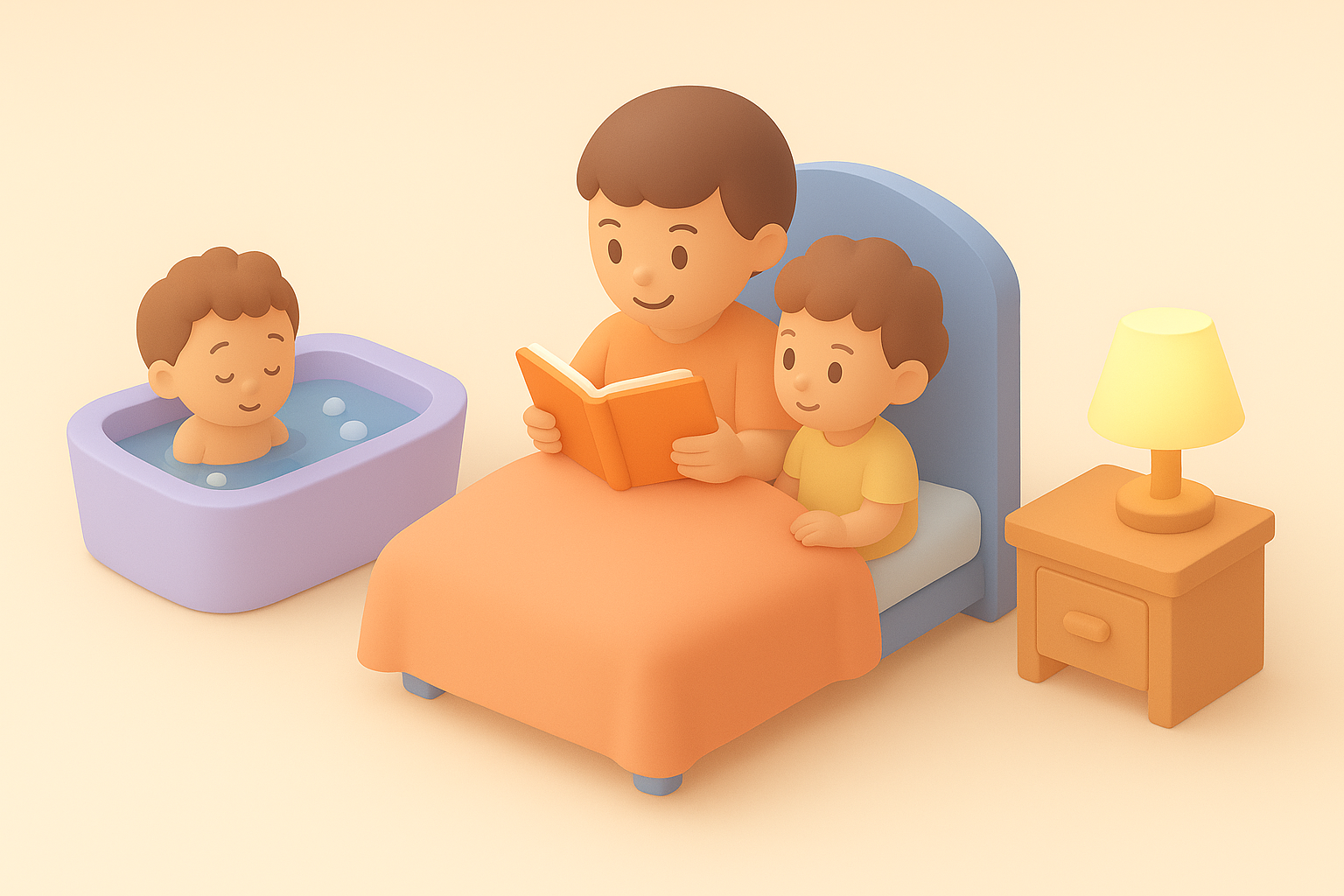 A parent reading a bedtime story to a child while another takes a bath, showing a calming nighttime routine to help kids wind down and sleep better.