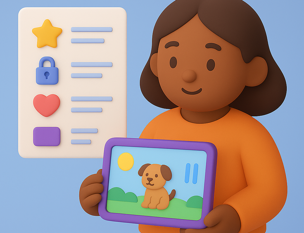 Illustration of a parent holding a tablet showing a cartoon puppy and a checklist with icons, representing how to evaluate age-appropriate games for kids.