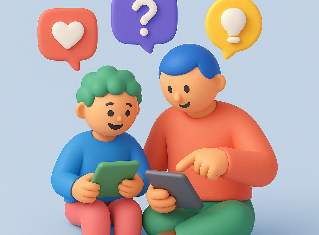 A parent and child looking at a tablet together, surrounded by icons representing emotions, questions, and ideas — illustrating screen time’s emotional complexity and shared experiences.