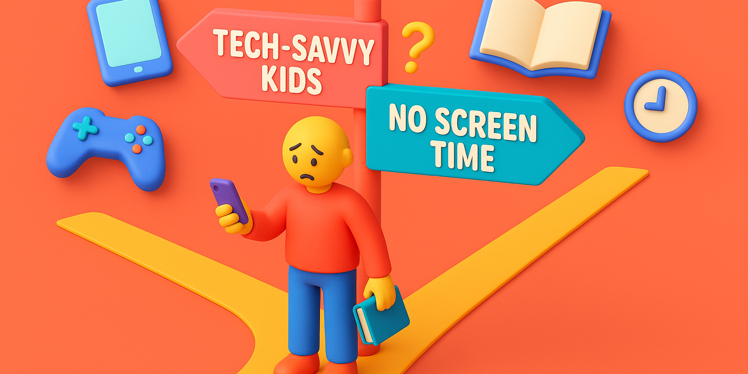 Illustration of a confused parent figure standing at a fork in the road labeled “Tech-Savvy Kids” and “No Screen Time,” representing modern screen time guilt and parenting contradictions.